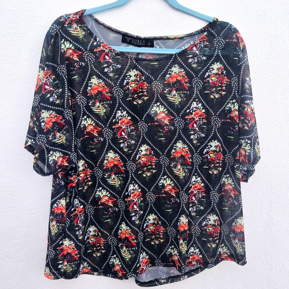 Lucky‎ & Blessed Western Rodeo Mesh Top Small Oversized Black Cowboy Horse NWT